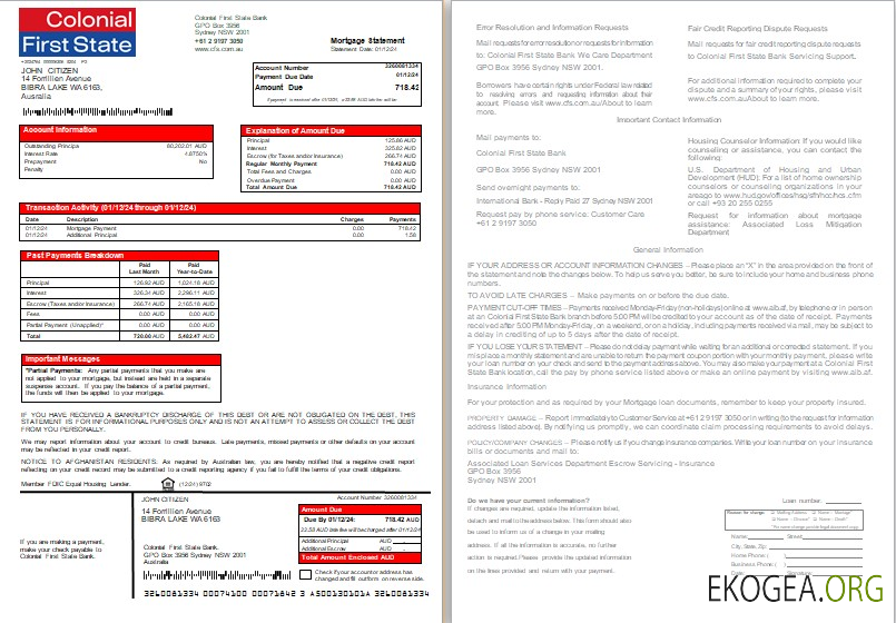 Relevé hypothécaire de la Australia Colonial First State Bank, 2 pages, 1, 2 scr
